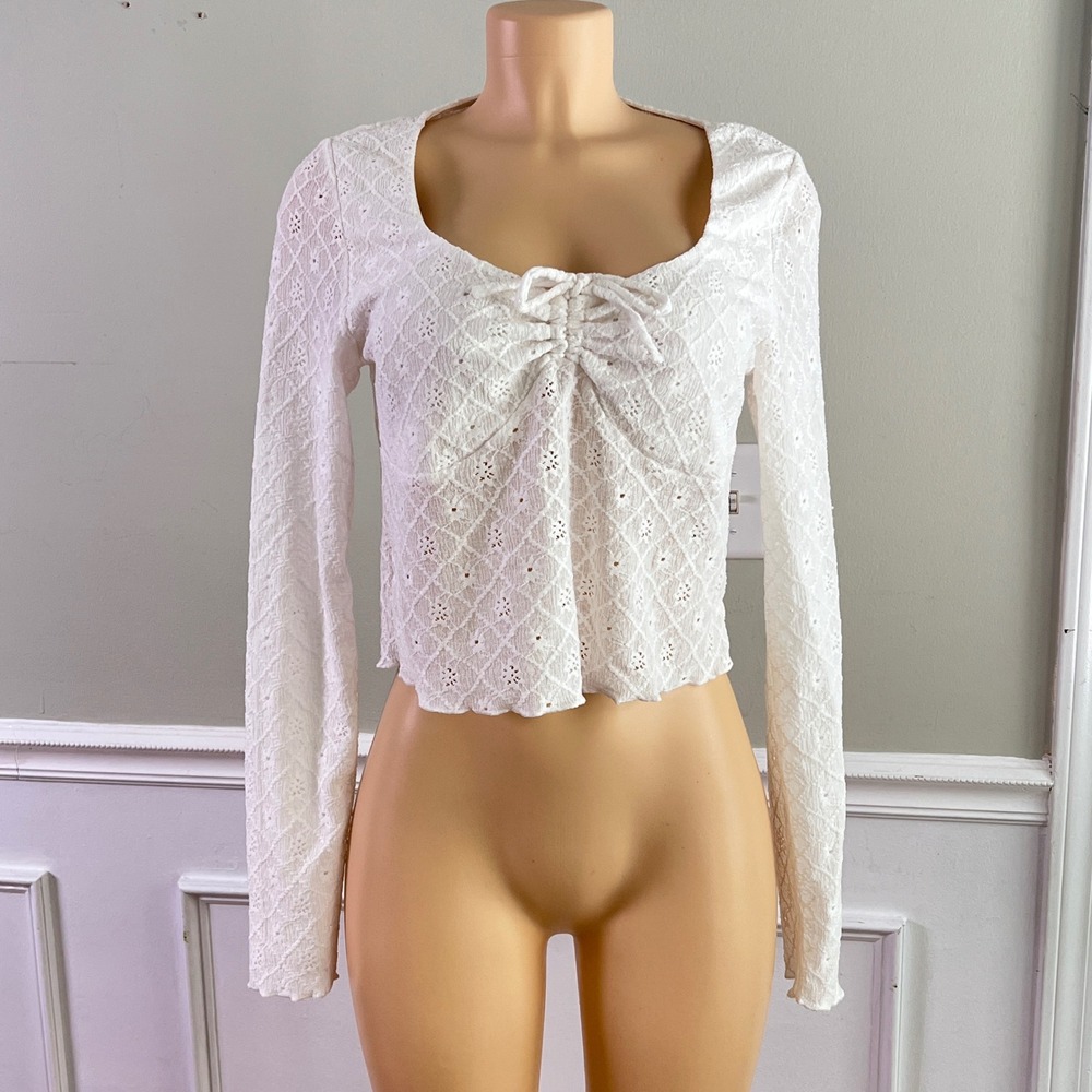 Cotton On Eyelet Lace Top Small Ruched White Cropped Boho Coquette Babydoll